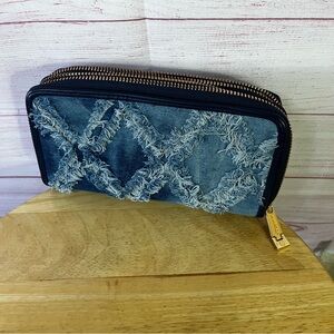 M Marco Distressed Denim Dual Zipper Wallet Wristlet